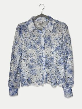 Caroline Constas New York Blue Floral Eyelet Button-Down Blouse Size S